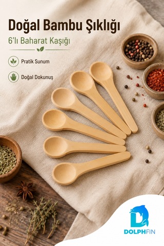 6 Lı Mini Bambu Baharat Kaşığı Seti Doğal Ahşap Sunum Kaşığı