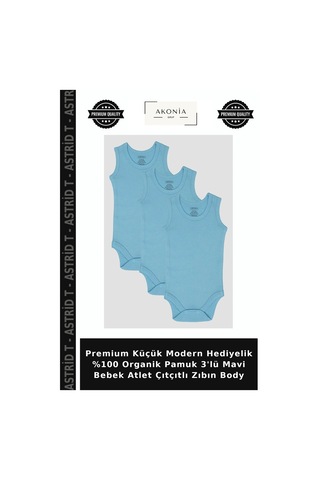 Astrid T Premium Küçük Modern Hediyelik %100 Organik Pamuk 3'lü Mavi Bebek Atlet Çıtçıtlı Zıbın Body