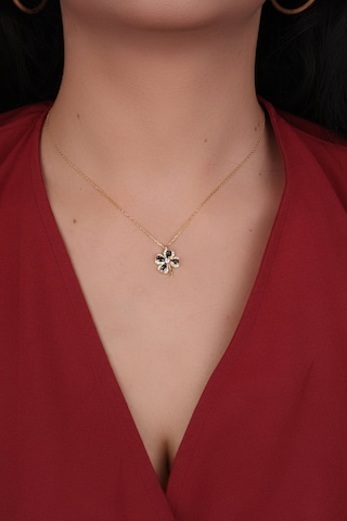 Encili Silver 925 Ayar Gümüş Mistik Topaz Taşlı Yonca Model Gold Renk Kadın Kolye Gold