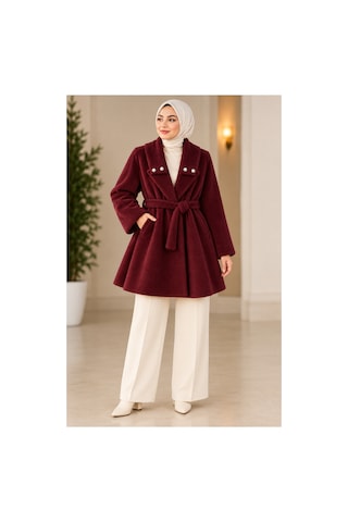 Miss Meliss İnci Detaylı Şık Fox Kumaş Kaban Bordo Bordo