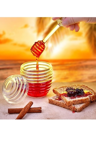 Rotanev Kovan Şekilli Kaşıklı 3 Parça Kristal Bal Kavanozu Mika Kavanoz Bal ve Reçel Kavanoz Kahvaltılık