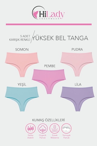 Hilady Kadın Tanga, Yüksek Bel Tanga 5'li Paket String, Tanga Külot Pamuklu Kumaş Açık Pembe