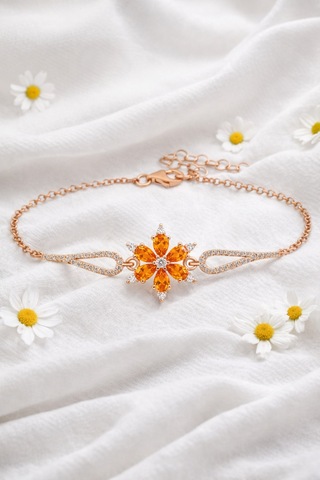 Çekirdekjewelry 925 Ayar Gümüş Turuncu Taşlı Çiçek Bileklik Pembe
