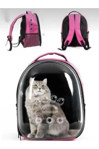Zekton Astronot Kedi Taşıma Çantası Şeffaf Pembe 34 x 26 x 40 CM + Kedi Tasması