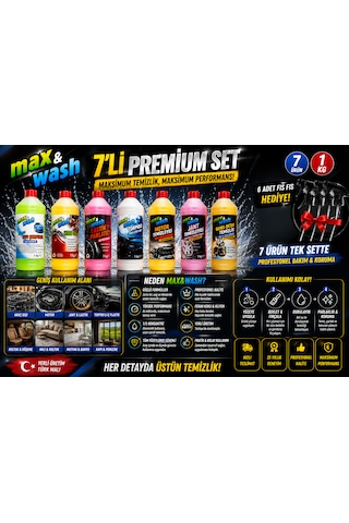 Max&wash 7'li Profesyonel Oto Bakım Seti 1 Kg Cilalı Oto Şampuan + Hızlı Cila + Lastik Parlatıcı + Torpido Süt + Motor + Jant + Genel Detay Temizleyici 6 Adet Fıs Fıs Hediyeli