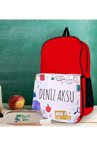 Bk Gift Kişiye Özel İsimli Kırmızı Okul Çantası Ve Kalemlik Hediye Seti-3