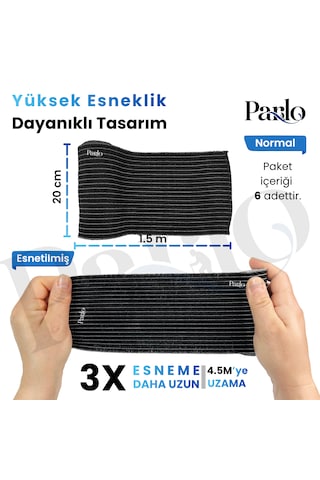 Parlo Siyah Elastik Bandaj 20 Cm X 1,5 M 6 Lı Set %300 Esnek, 4,5 M Ye Kadar Uzayan, Metal Kancalı Destek Ve Sargı Bandajı