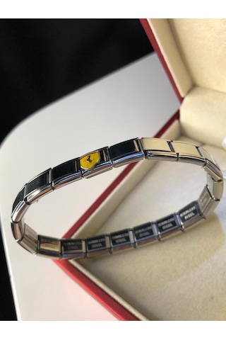 Erkek Kadın Çelik Bileklik - Ferrari Logo Model Italy Nomi Charm Sevgiliye Eşe Babaya Gümüş