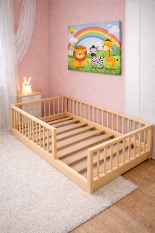 Montessori Ahşap Yer Yatağı Korkuluklu Çocuk Karyolası