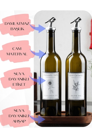Marasca Ahşap Stantlı Amber Zeytinyağı Sıvıyağ Şişesi Yağdanlık Cam Şişe Czm 1889 2'li 750 ML