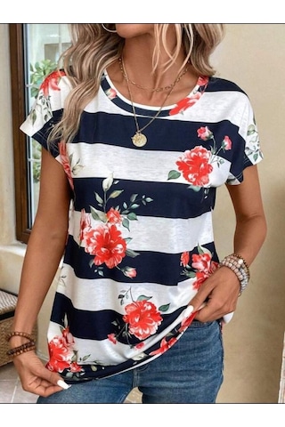 Kadın Çiçek Desenli Yatay Şeritli Bisiklet Yaka Tişört S