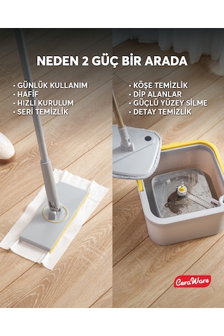 Ceraware Home Care Premium Hijyen Seti Dual System Kare Mop + Pratica Click Mop 2 Mikrofiber Bez 0