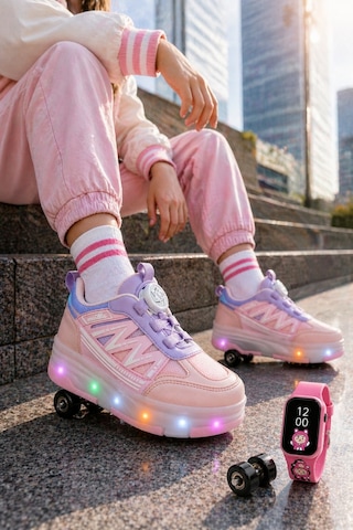 Muggo Sky Çocuk Işıklı Patenli Tekerlekli Sneaker Spor Ayakkabı Pudra