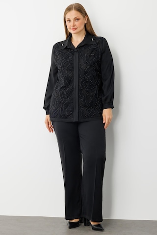 Moda İlgi Kadın Büyük Beden Yaprak Desenli Boncuk Detaylı Takma Kol Gömlek 0052 Siyah Siyah
