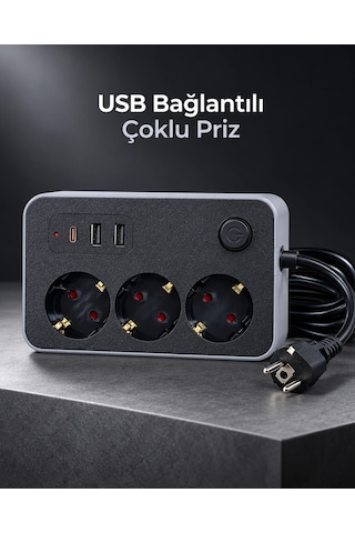 Kargo Çalışma Alanlarına Uygun Anahtarlı Usb Ve Type C Şarj Çıkışlı Kablolu Çoklu Priz Najmaddin Belirtilmemiş
