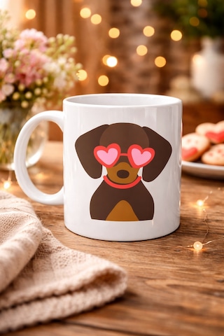 Sevimli Dachshund Sosis Köpek Desenli Porselen Kupa Model 47 Kalpli Gözlüklü Köpek Figürlü, Hediye Kupası Diğer