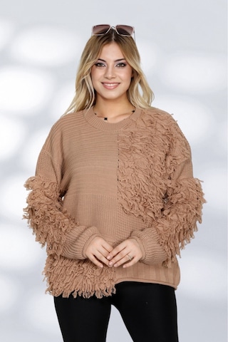 Newco Kadın Patchwork Tasarımlı Dokulu Triko Kazak - Oversize Ve Rahat Formlu - Bej Bej