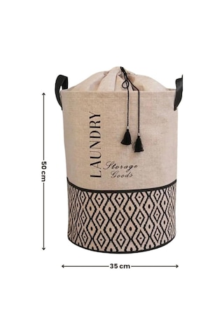 Flora Torbalı Çamaşır Oyuncak Sepeti, Ağzı Büzgülü Dekoratif Saklama Sepeti 35x50cm Bej