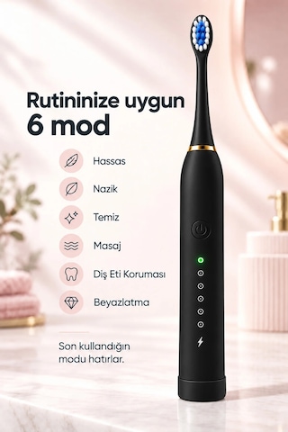 Exenar - Siyah - Şarjlı Elektrikli Diş Fırçası Dupont Yumuşak Kıllı 6 Mod 4 Yedek Başlıklı Ipx7 Su Geçirmez
