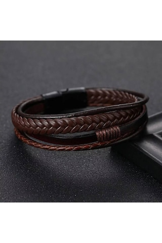 Erkek Hakiki Deri Bileklik Kahverengi Çelik Toka Bileklik Db5027 Kahverengi