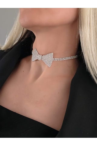 Papyon Model Rhinestone Choker Tasma Model Gümüş Renk Kolye Silver Çok Renkli