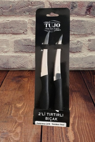 2 Li Paslanmaz Çelik Tırtıklı Meyve Ve Sebze Bıçağı Stainless Steel, Dayanıklı Ve Keskin Siyah