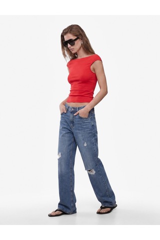 Koton Pamuklu Ribanalı Slim Fit Omzu Açık Madonna Yaka Tişört Kırmızı 6sak50503ek