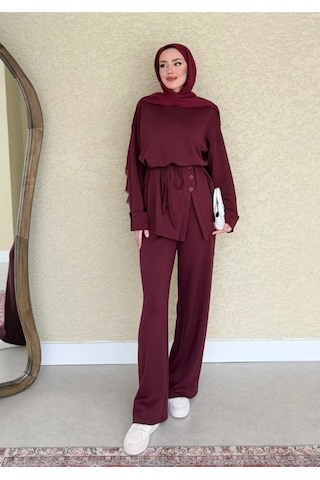 Kadın Salaş Eteği Düğmeli Bluz Pantolon Takım Bordo