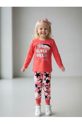 Kız Çocuk Super Girl Yazılı Simli Baskılı Uzun Kollu Pijama Takımı-16828 Pembe
