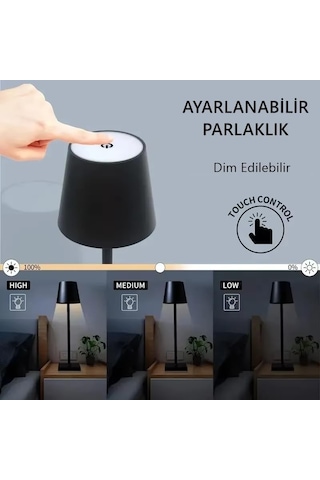Tr İstanbul Siyah Şarjlı Masa Lambası Dimmerli 3 Renk Işıklı Dokunmatik Cata Dekoratif Abajur Cafe Restoran Sunum Diğer