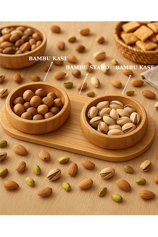 2 Li Bambu Standlı Lüx Sunum Çerezlik Servis Kasesi Lokumluk Şekerlik Bambu
