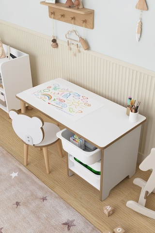 Resim Kağıdı Rulolu Aktivite Masası Çocuk Çalışma Masası Oyuncak Dolabı Panda + Kağıt Rulo Çok Renkli