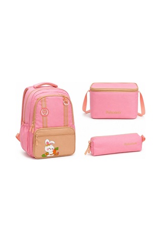Pink 3 Lü Çanta Okul İlkokul Seti Kalemlik Çanta Beslenme Termoslu Çantası 40 Cm Su Dayanıklı Pembe