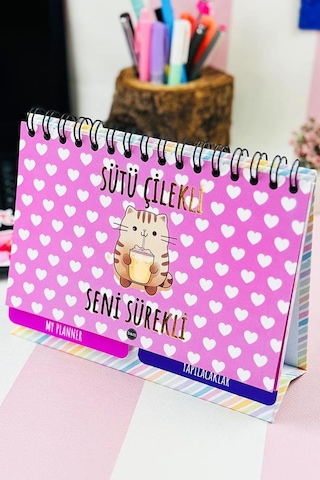 Sütü Çilekli Tasarımlı Yeni Nesil Masa Üstü Planner 2 Sayfa Sticker Çok Renkli