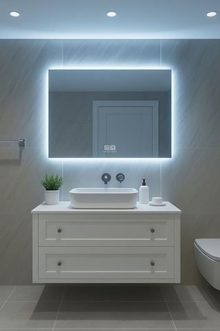 Digital Hayat Buğu Çözücü Dokunmatik Dimlenebilir Dikdörtgen Ayna Mavi Işıklı Led Dekoratif Banyo Makyaj Aynası Yatay Ve Dikey Kullanım Mavi