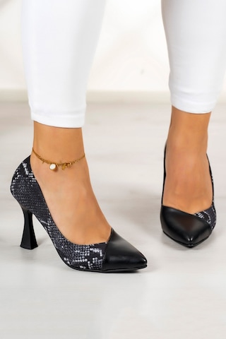 Jatqılı Plus Siyah Yılan Kadeh Topuklu Ayakkabı Siyah Yılan