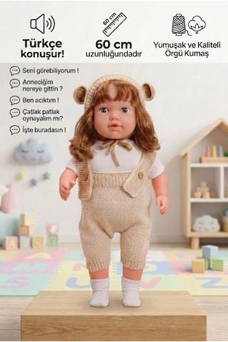 Konuşan Bebeğim 60 Cm Türkçe Konuşan Örgü Tulum Ve Şapkalı Kafası Bacakları Kolları Et Oyuncak Bebek 72728784
