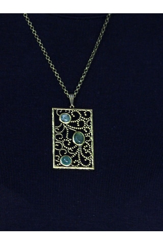 Doğal Taş Yeşil Akik 3'lü Doğal Taşlı Antik Kadın Kolye Euk45ya Yeşil