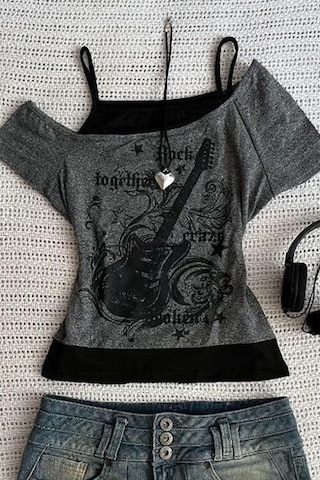 Antrasit Vintage Guitar Açık Yaka Gotik Y2k Ek Askılı Crop-17976 Antrasit