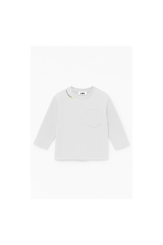 Luess Unisex Çocuk Happiness Nakışlı Cepli Fitilli Kaşkorse Tişört Beyaz