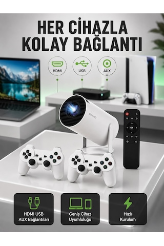 Portatif 4k Projeksiyon - 4.000 Uygulama, Kablosuz Yansıtma Ve Bluetooth 5.0 Yeni Nesil