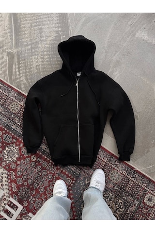 Leyla Sanat Sanata Yeni Bir Bakış Açısı Oversize Tam Fermuarlı Uzun Kol Hırka - Siyah Siyah