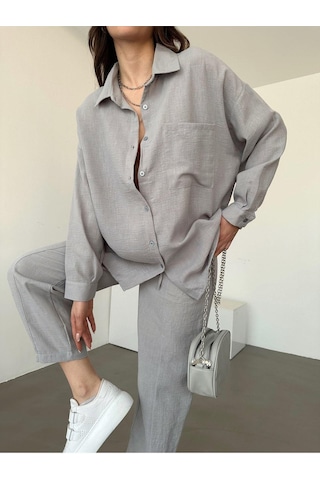 Kadın Oversize Keten Gömlek Pantolon Alt Üst Takım Gri