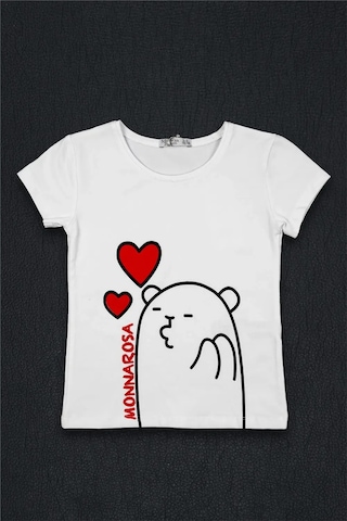 Kız Çocuk Beyaz Kalpli Ayıcık Detaylı Monna Rosa Yazılı Tişört Beyaz