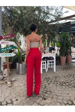 WeShaya Kırmızı Keten Karışımlı Düz Paça Pantolon Kırmızı