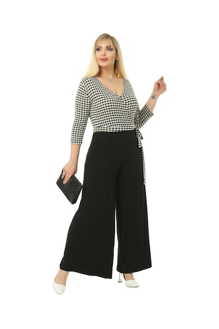 Melsay Butik Kruvaze Yaka Kazayağı Desen Büyük Beden Kadın Tulum