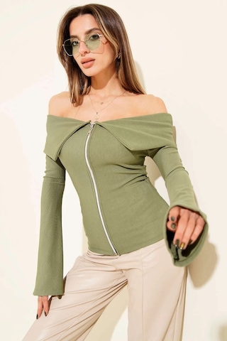 Biçomi Omzu Açık Fermuarlı Bluz Haki T4330 Haki