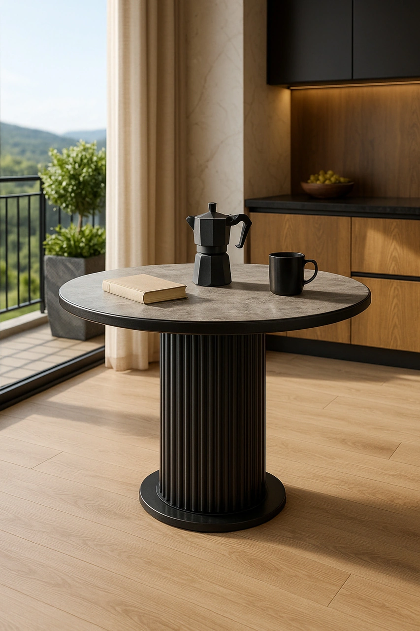 Dengema İstanbul 81 Yuvarlak Masa Gri Mermer Desen, Siyah Ayak Ø120 Cm Gri Mermer - Siyah Ayak