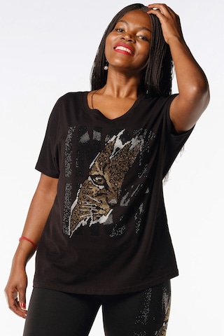 Rich Glam Bol Kalıp Kaplan Crystal Taşlı Büyük Beden Siyah Pamuk Şık Rahat Kadın T-shirt Siyah