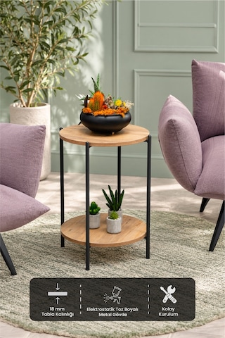 Arpelia Yuvarlak Tablalı İki Katlı Sehpa Q42x60 Cm Lava - Atlantik Çam
